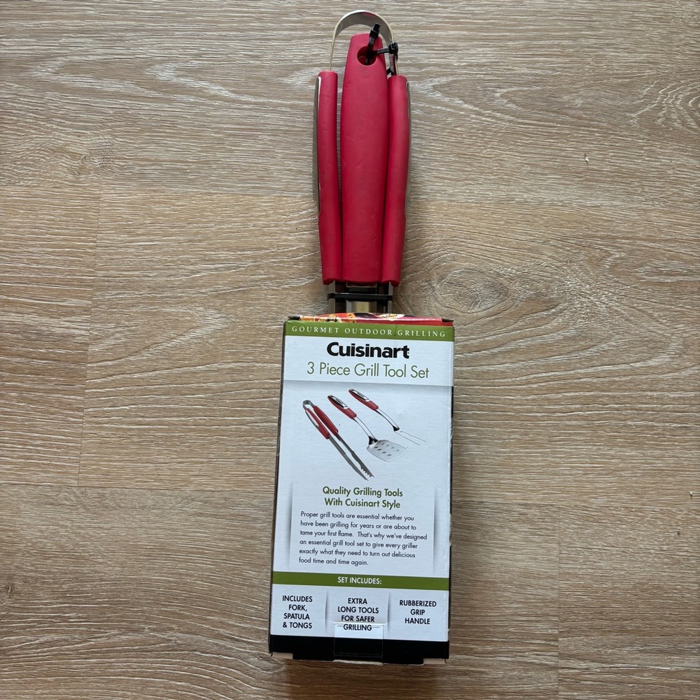 NEW Cuisinart 3 Piece Grill Tool Set Red Rubberized Handles Fork Spatula Tongs - Picture 4 of 7